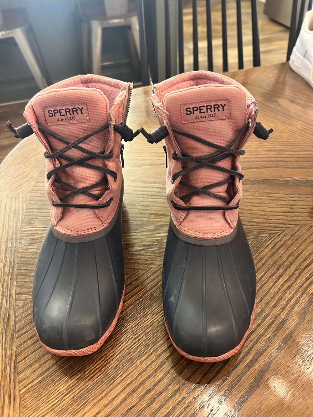 Sperry Pink and Black Lace-Up Duck Boots